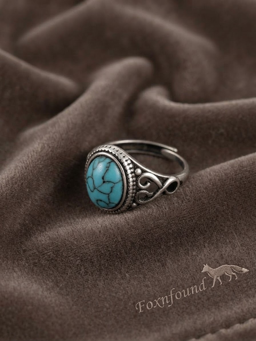 Vintage Style Blue Turquoise Ornate Silver Ring Size P~220