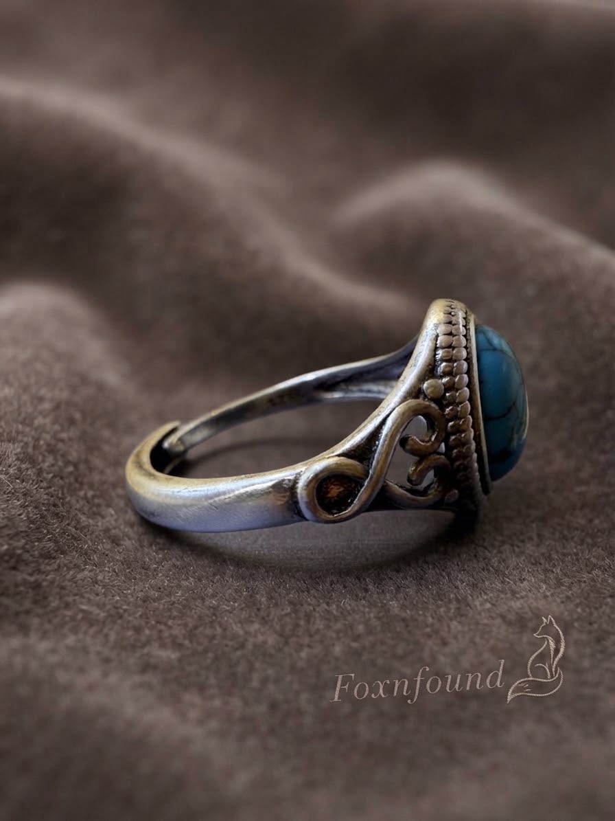 Vintage Style Blue Turquoise Ornate Silver Ring Size P~220