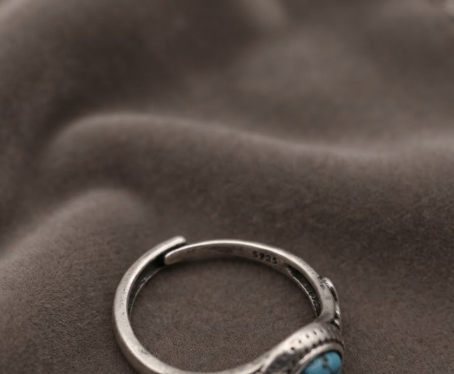 Vintage Style Blue Turquoise Ornate Silver Ring Size P~220