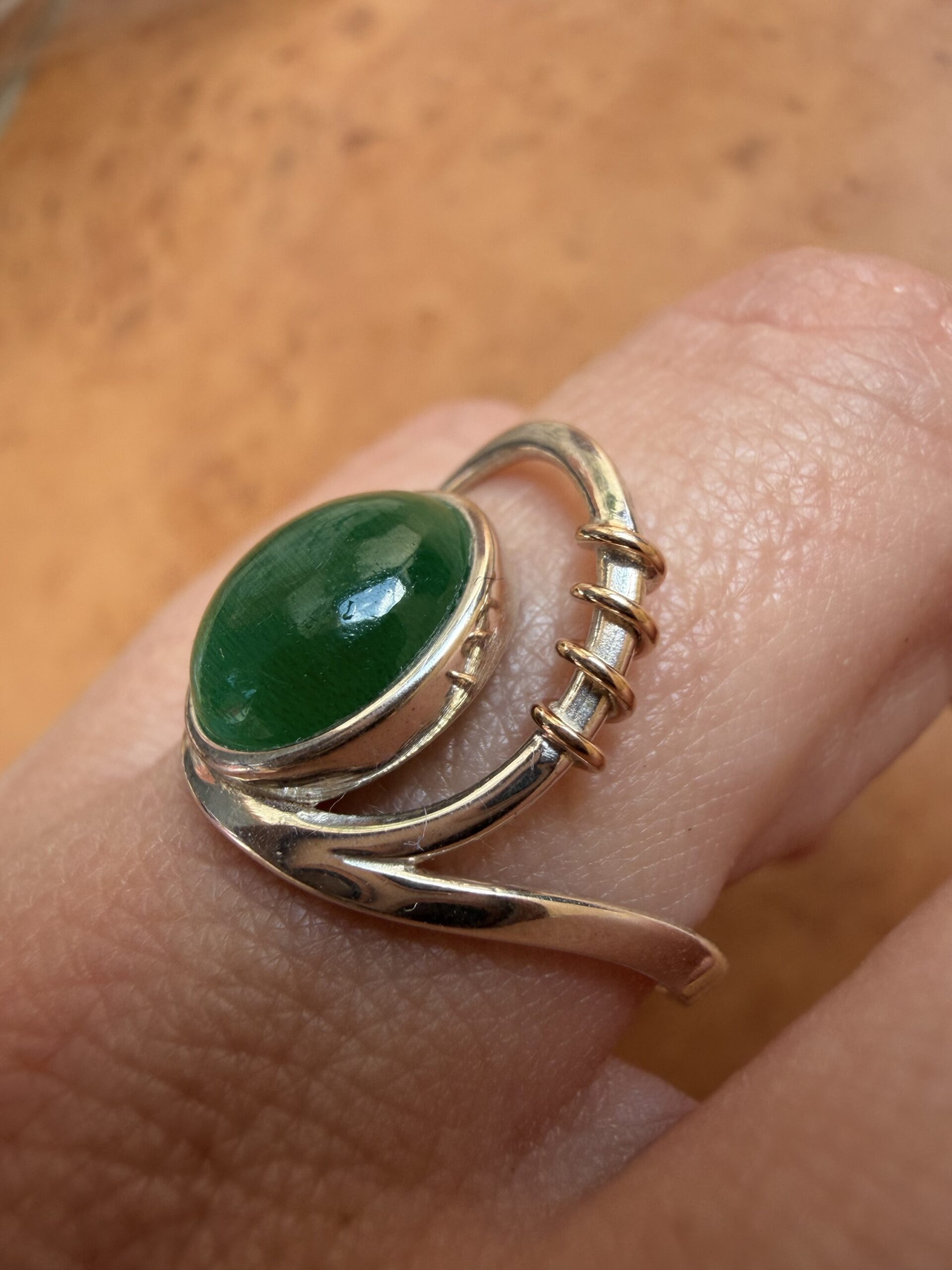 Sterling Silver 925 & 9ct Gold Chrysoprase Cabochon Ring Spiral Modernist Size R US 8.5~208