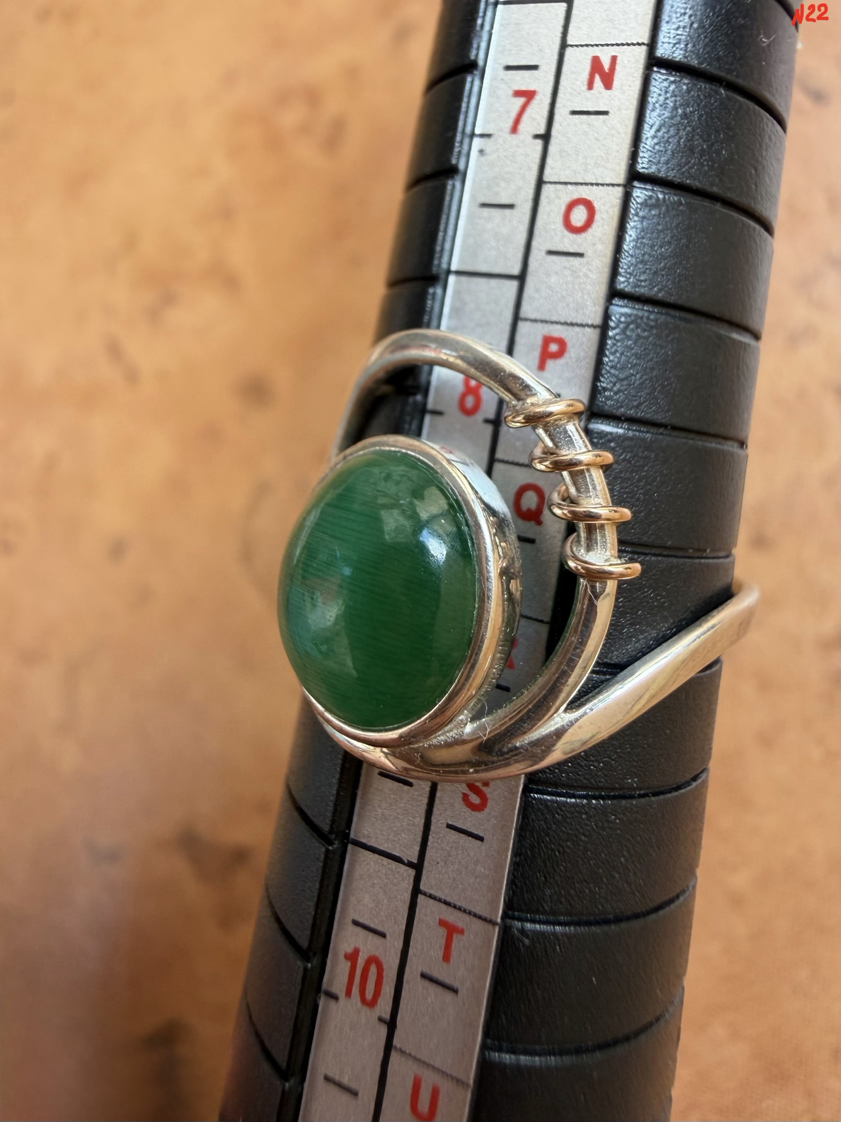 Sterling Silver 925 & 9ct Gold Chrysoprase Cabochon Ring Spiral Modernist Size R US 8.5~208