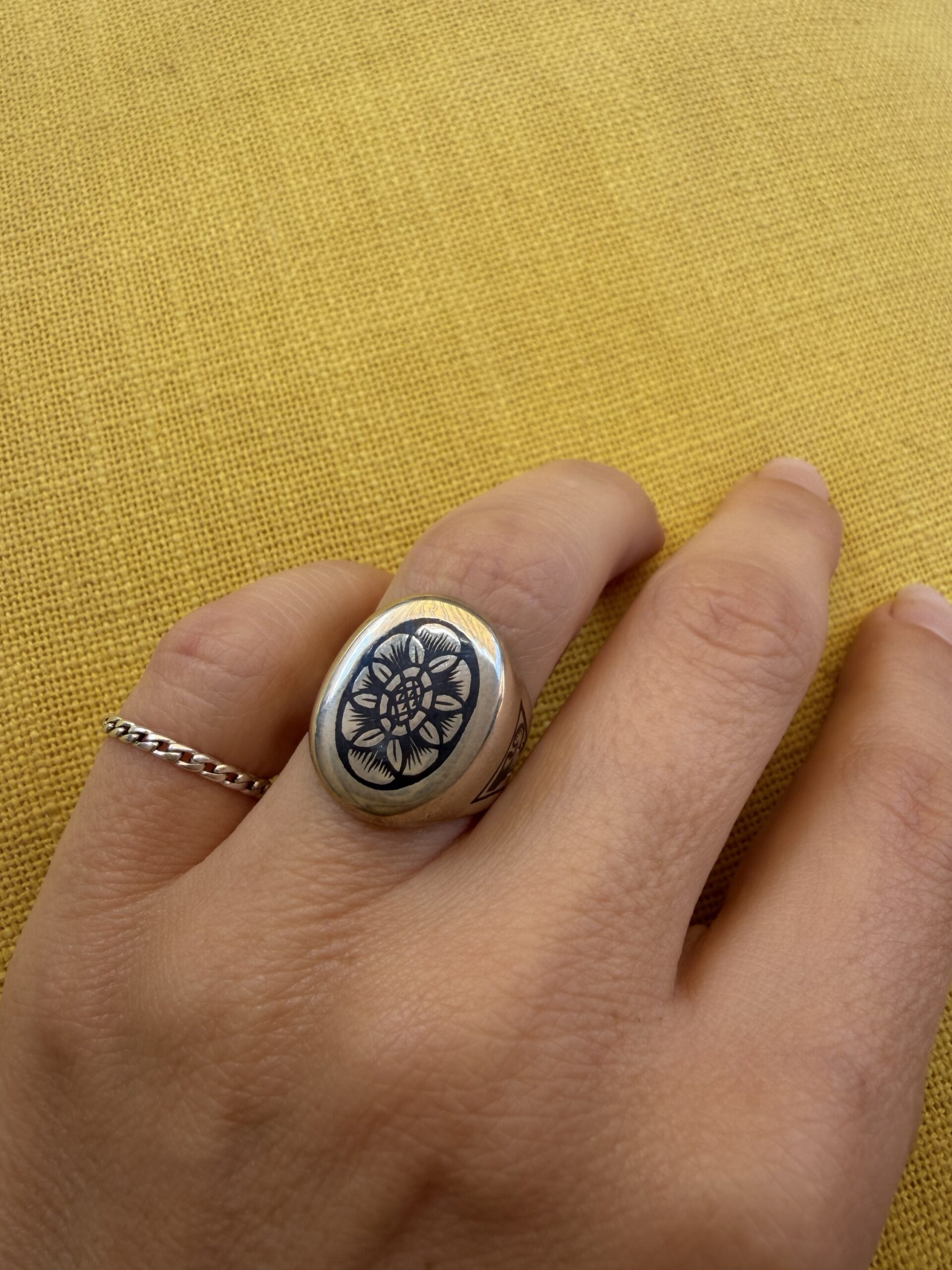 Vintage Soviet 875 Silver Niello Signet Ring Floral Engraved USSR UK Size M~208