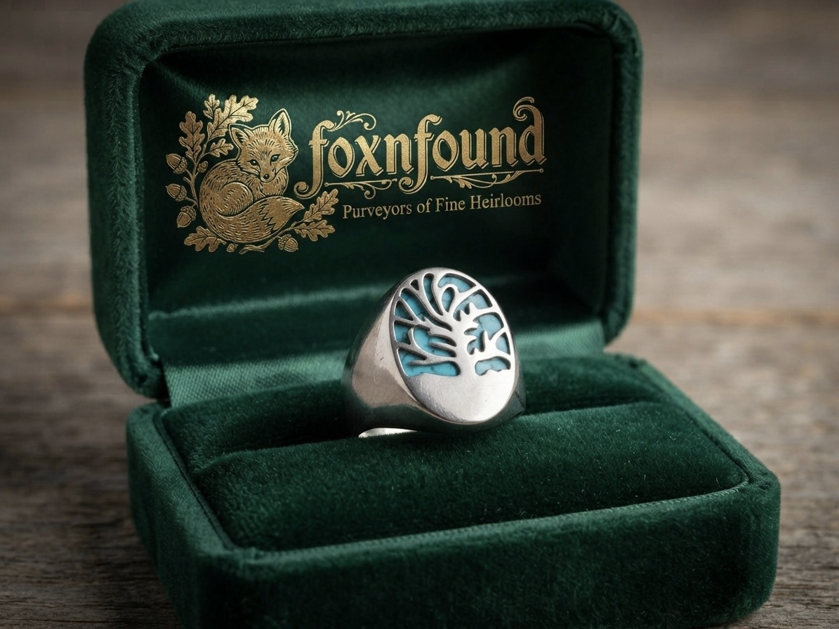 Sterling Silver Tree of Health Turquoise Signet Ring Size N / US 7