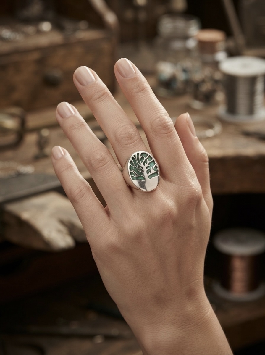 Sterling Silver Tree of Health Turquoise Signet Ring Size N / US 7
