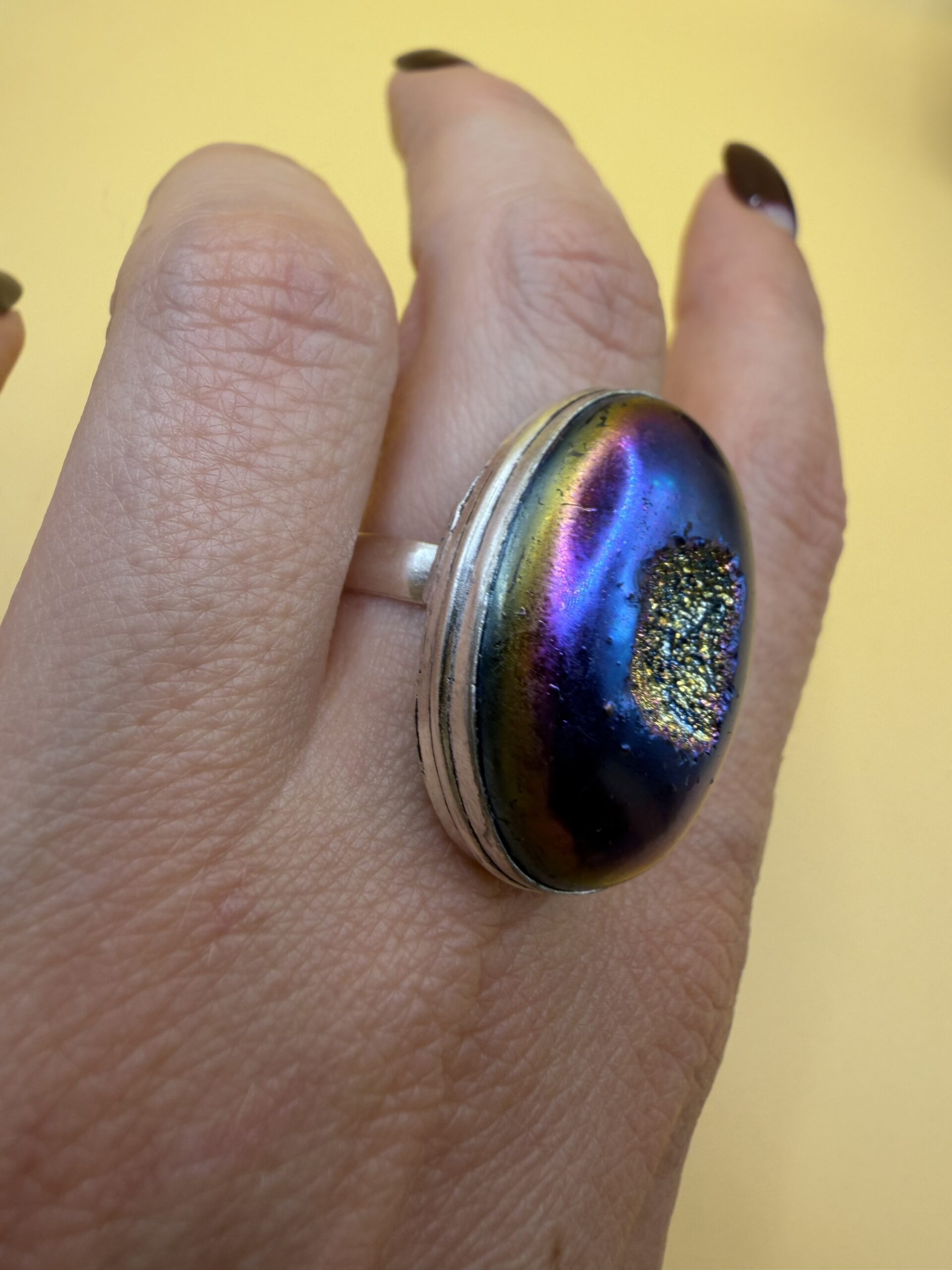 Sterling Silver 925 Rainbow Titanium Druzy Agate Statement Ring Size Q image 5