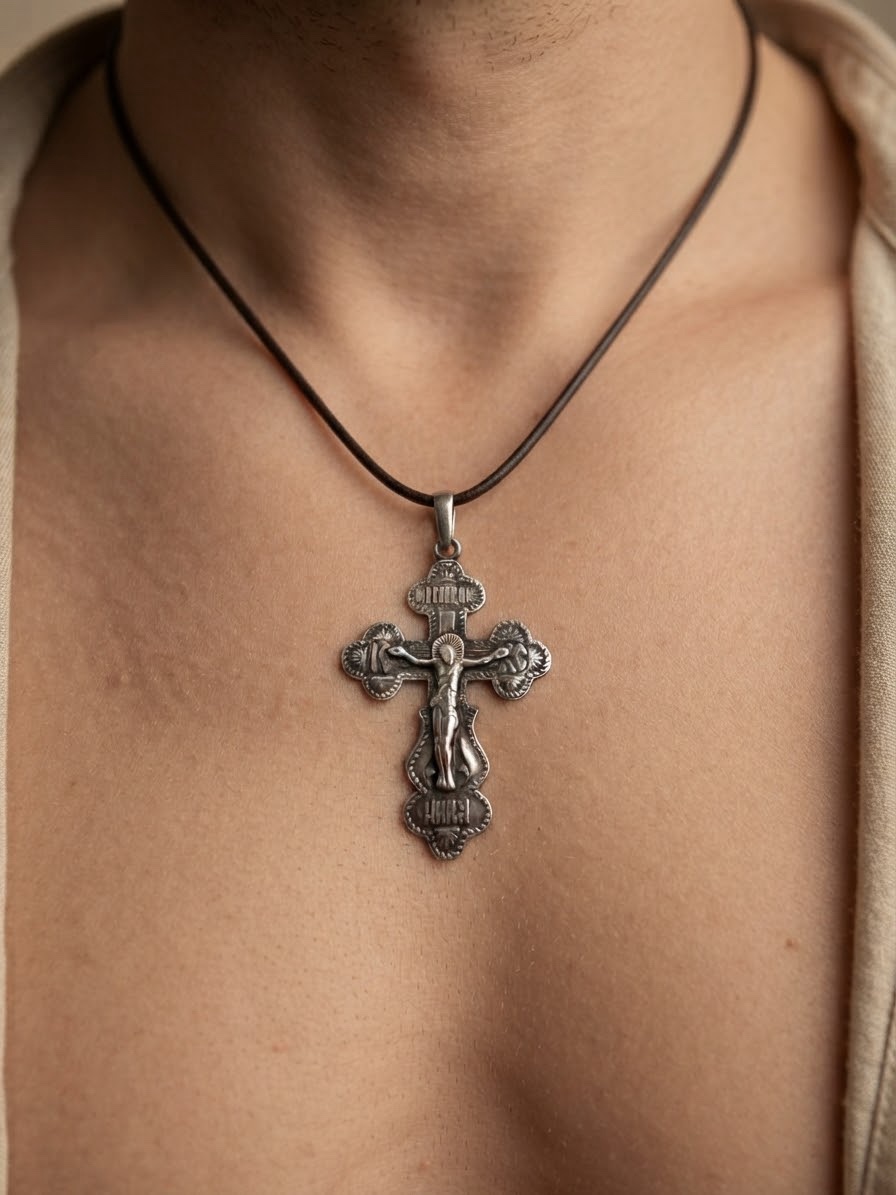 925 Sterling Silver Orthodox Cross Pendant Save and Protect 4cm 2.39g~217