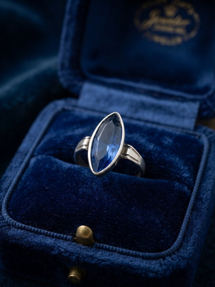 Vintage Soviet 875 Silver Czech Glass Blue Marquise Ring Size M~204