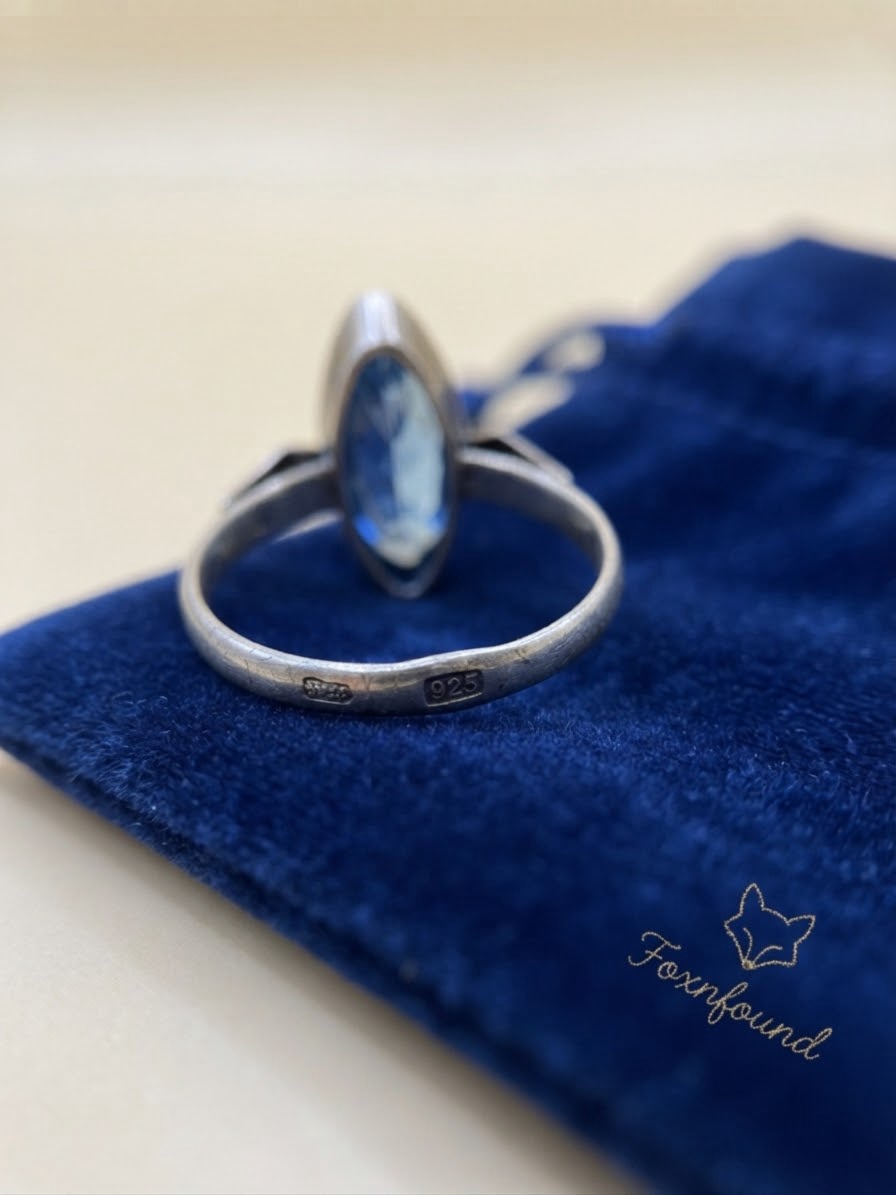 Vintage Soviet 875 Silver Czech Glass Blue Marquise Ring Size M~204