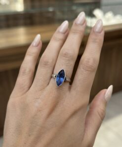 Vintage Soviet 875 Silver Czech Glass Blue Marquise Ring Size M~204