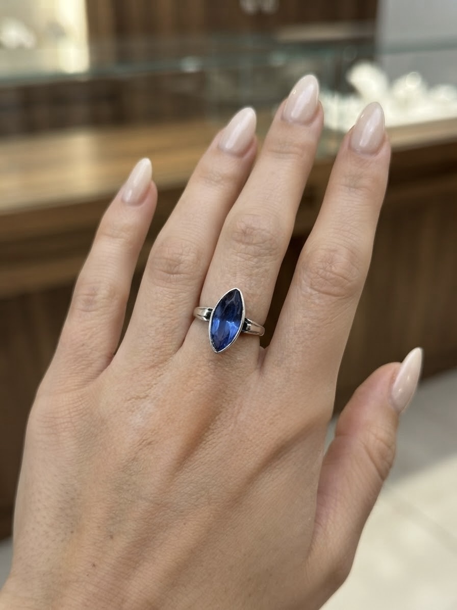 Vintage Soviet 875 Silver Czech Glass Blue Marquise Ring Size M~204