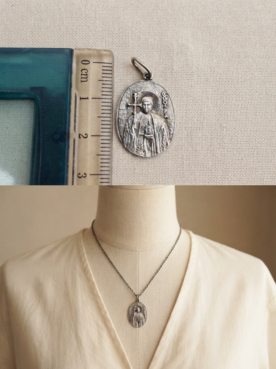 Saint Olga Sterling Silver 925 Orthodox Icon Pendant Oval Medal Cyrillic~219