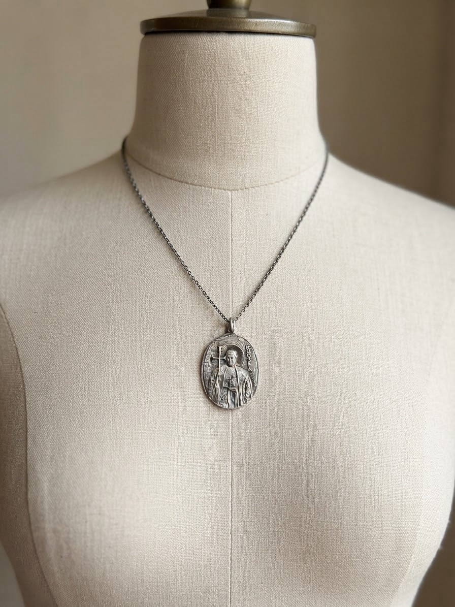 Saint Olga Sterling Silver 925 Orthodox Icon Pendant Oval Medal Cyrillic~219