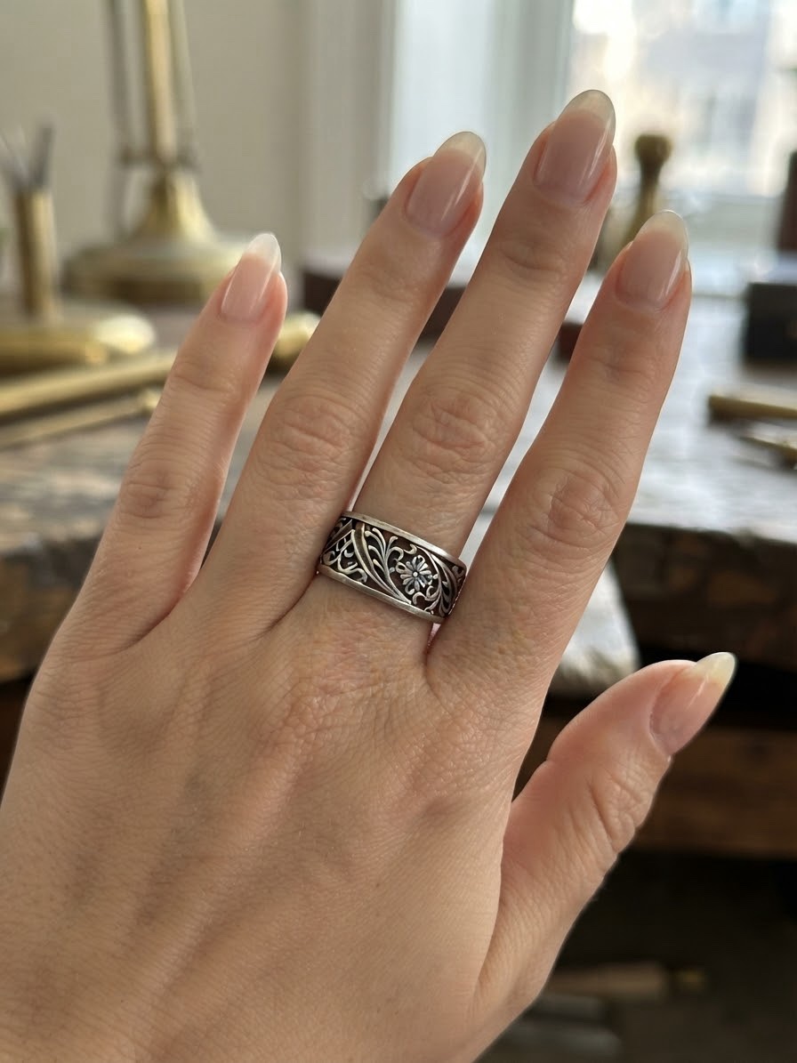 Sterling Silver 925 Wide Filigree Floral Band Ring Size X US 11.5 Openwork