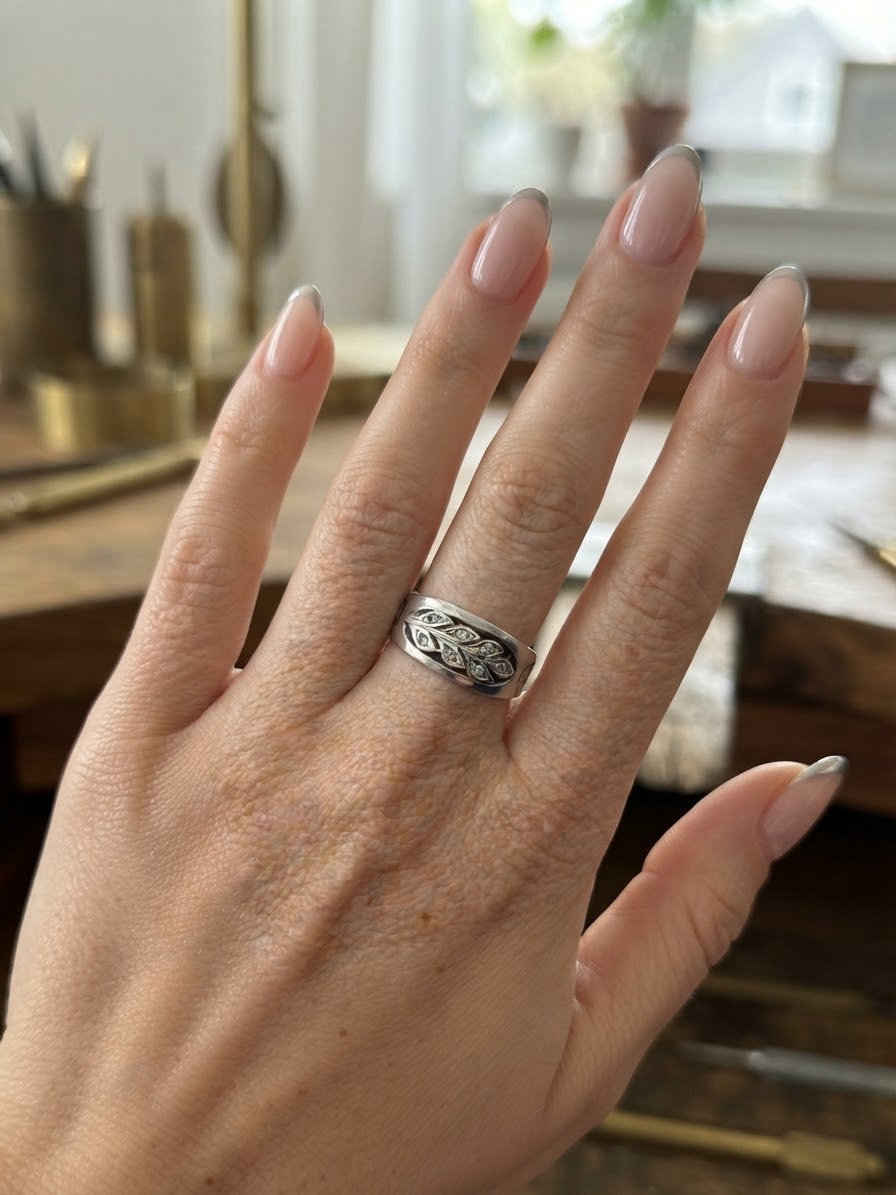 Sterling Silver 925 Leaf Branch CZ Wide Band Ring UK P½ US 8~223