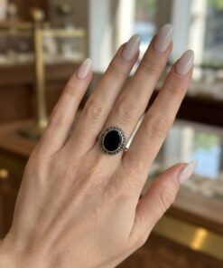 Vintage Silver Black Onyx Marcasite Oval Ring Art Deco Style UK Q US 8~223