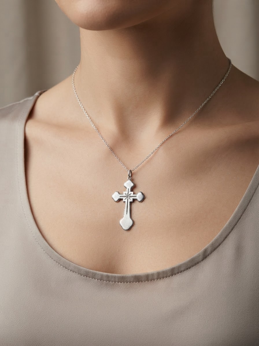 925 Silver Orthodox Budded Cross Pendant Star Engraved Hallmarked 1.37g