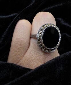 Vintage Silver Black Onyx Marcasite Oval Ring Art Deco Style UK Q US 8~223
