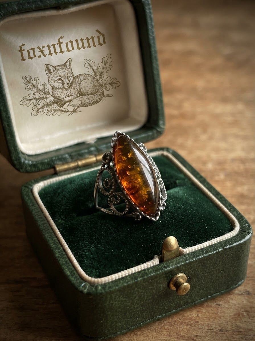 Vintage Soviet Amber Filigree Ring Size Q Silver Tone Alloy