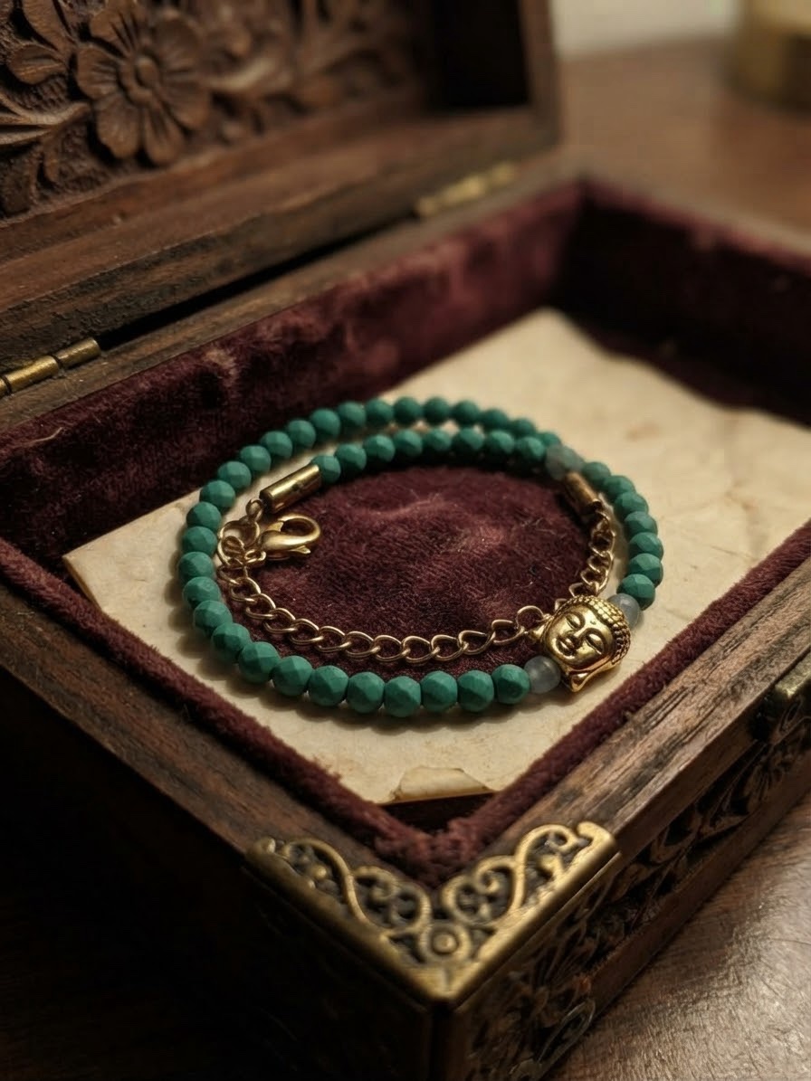 Gold Tone Buddha Head Bracelet Teal Matte Faceted Beads 19cm Adjustable~227