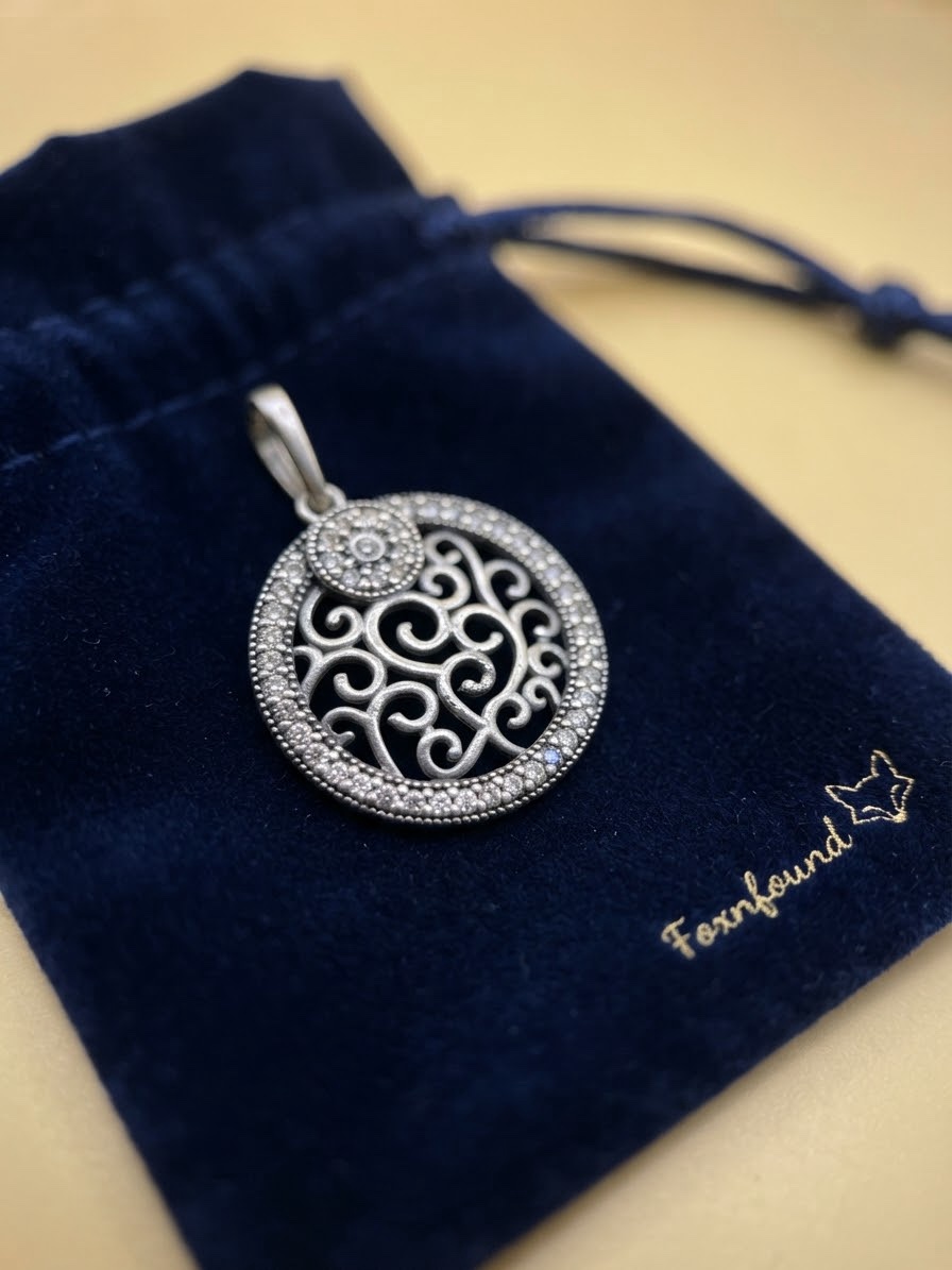 925 Sterling Silver Round Filigree Pendant Cubic Zirconia Pave Scroll Disc~227