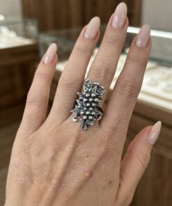 Vintage 90s Post-Soviet 925 Silver Leaf Berry Statement Ring Size P US 7.5