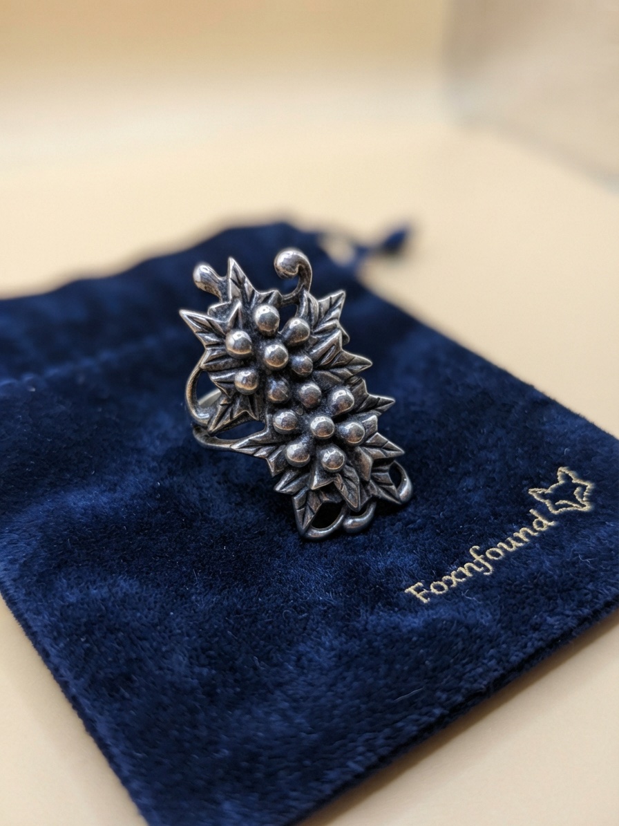 Vintage 90s Post-Soviet 925 Silver Leaf Berry Statement Ring Size P US 7.5