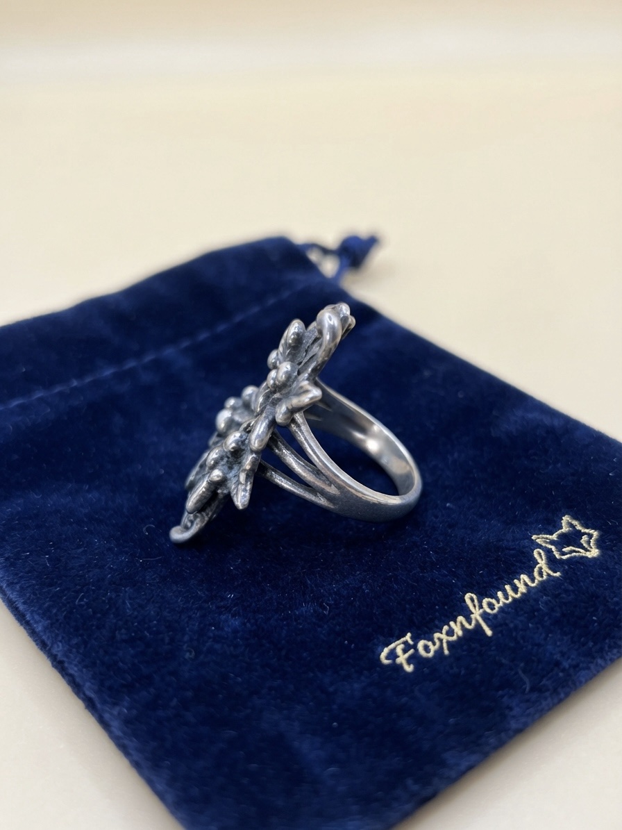 Vintage 90s Post-Soviet 925 Silver Leaf Berry Statement Ring Size P US 7.5