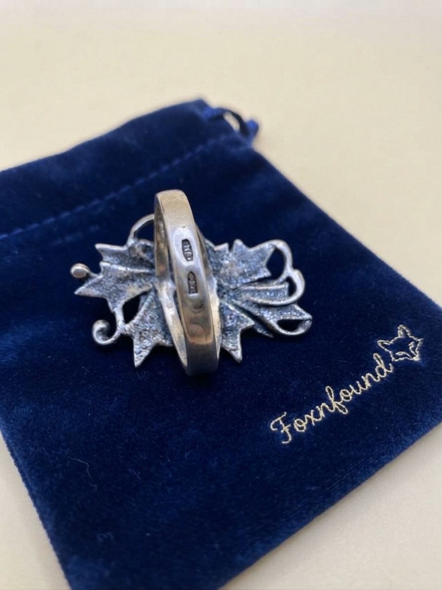 Vintage 90s Post-Soviet 925 Silver Leaf Berry Statement Ring Size P US 7.5
