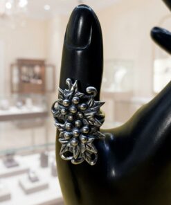 Vintage 90s Post-Soviet 925 Silver Leaf Berry Statement Ring Size P US 7.5