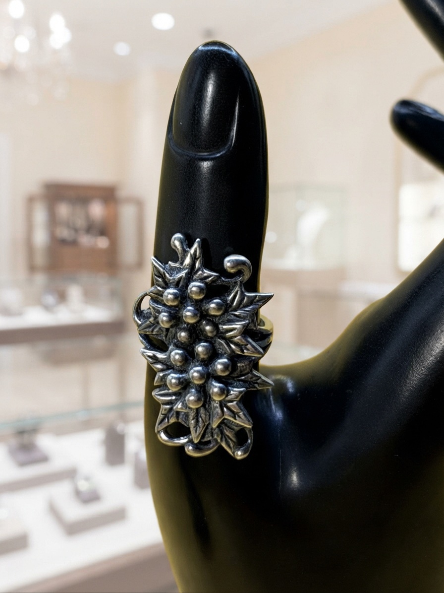 Vintage 90s Post-Soviet 925 Silver Leaf Berry Statement Ring Size P US 7.5