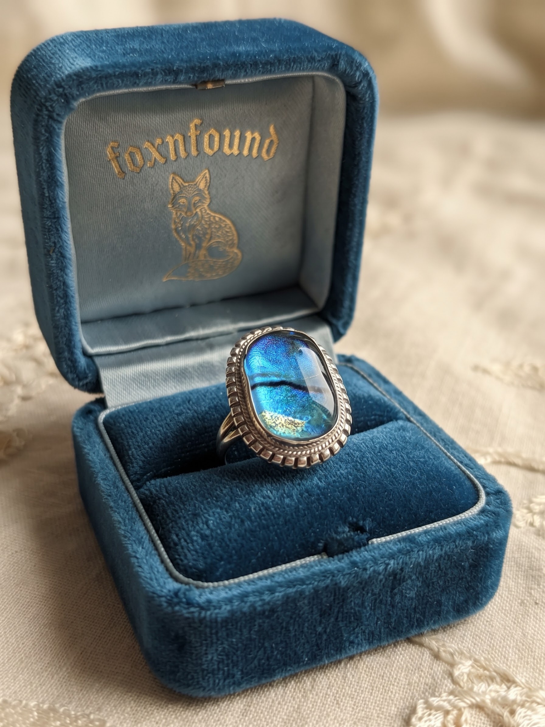 RRP £65 Silver 925 Dichroic Glass Blue Statement Ring Size P½ US 8~230