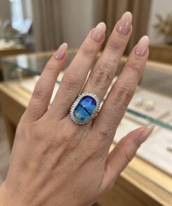 RRP £65 Silver 925 Dichroic Glass Blue Statement Ring Size P½ US 8~230