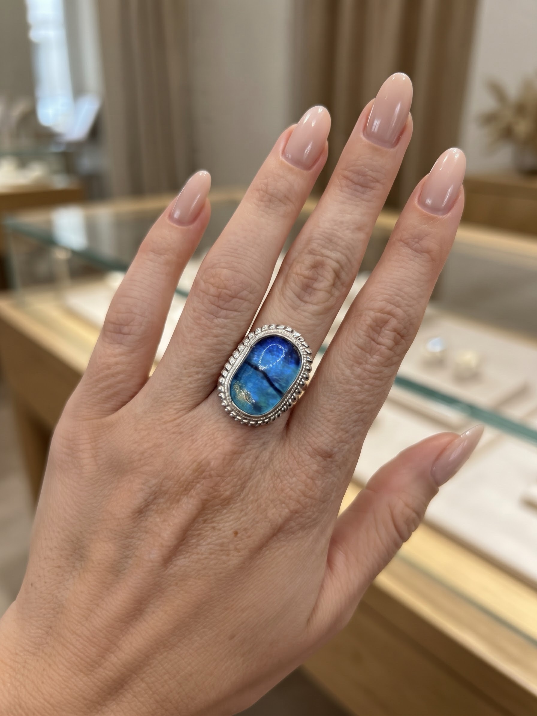 RRP £65 Silver 925 Dichroic Glass Blue Statement Ring Size P½ US 8~230