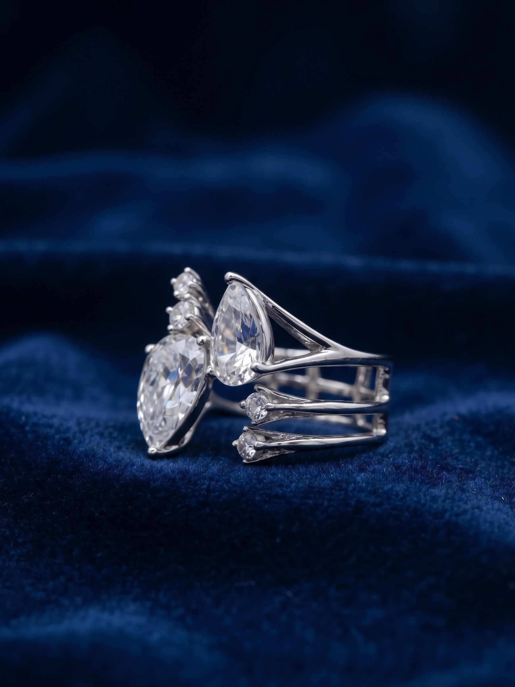 Silver Cubic Zirconia Pear Cut Toi Et Moi Open Ring UK Size K½ Adjustable~228
