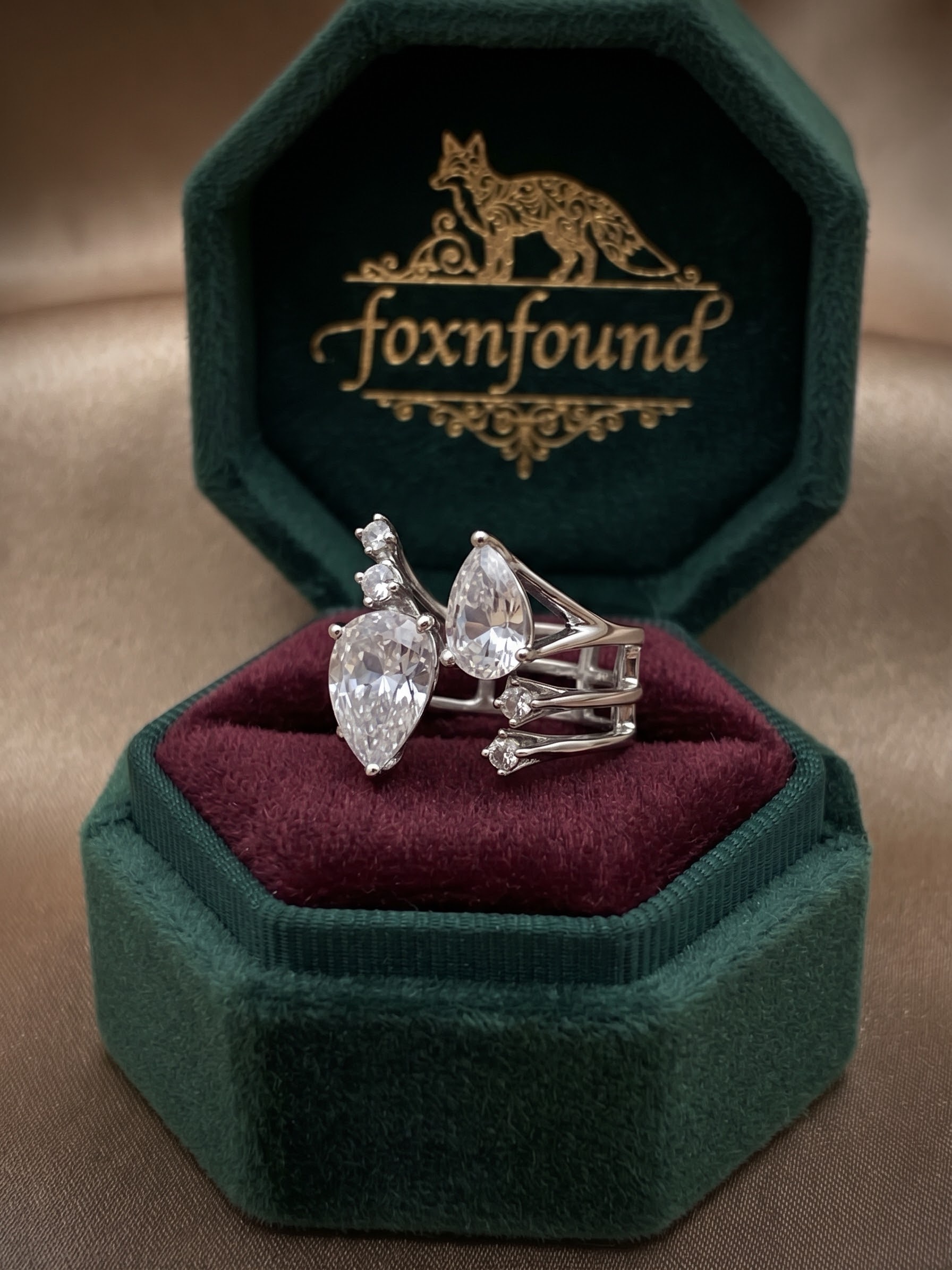 Silver Cubic Zirconia Pear Cut Toi Et Moi Open Ring UK Size K½ Adjustable~228