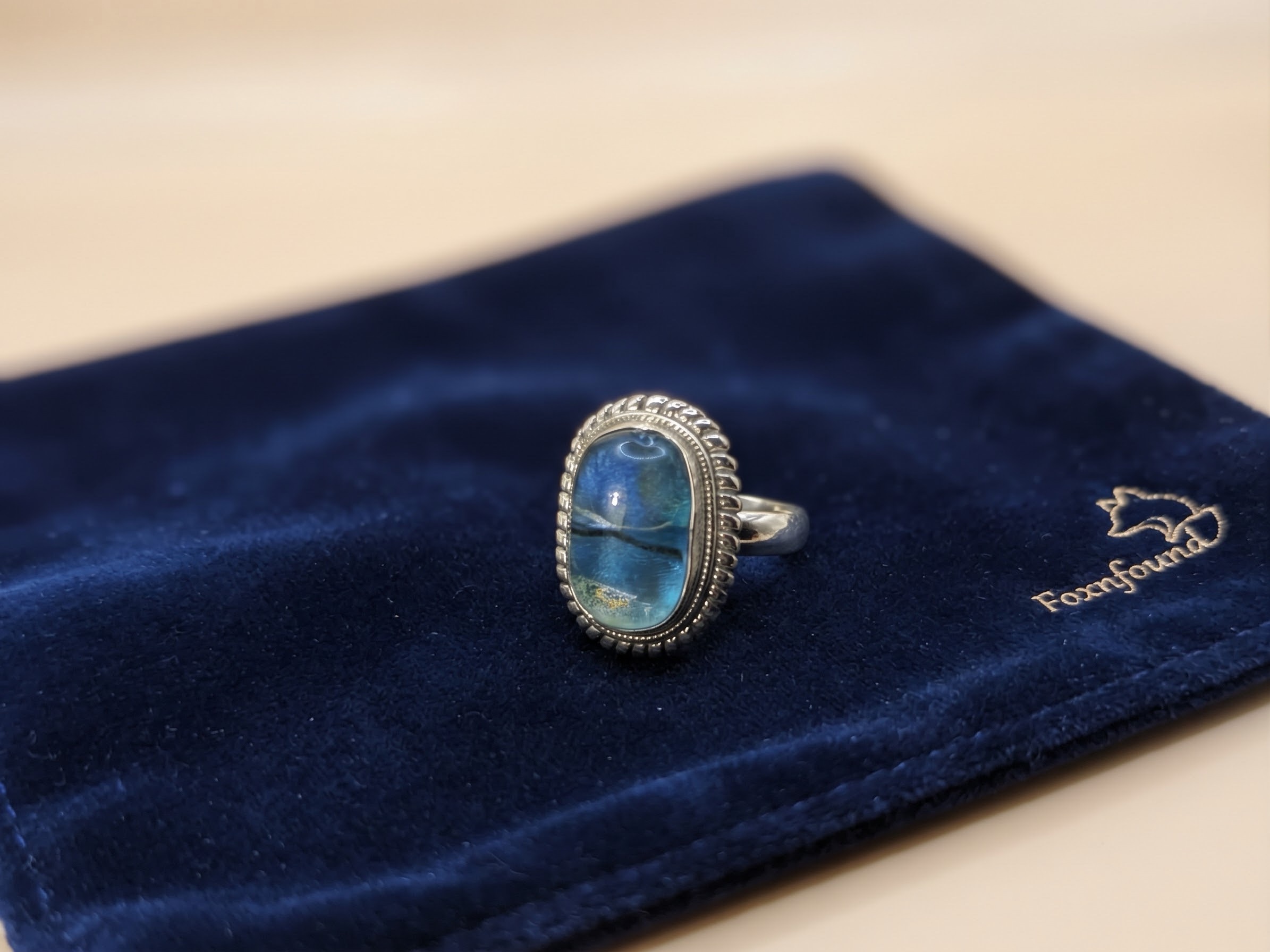 RRP £65 Silver 925 Dichroic Glass Blue Statement Ring Size P½ US 8~230