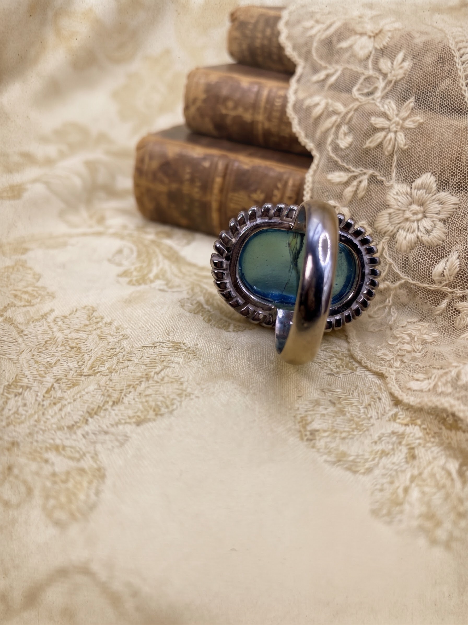 RRP £65 Silver 925 Dichroic Glass Blue Statement Ring Size P½ US 8~230