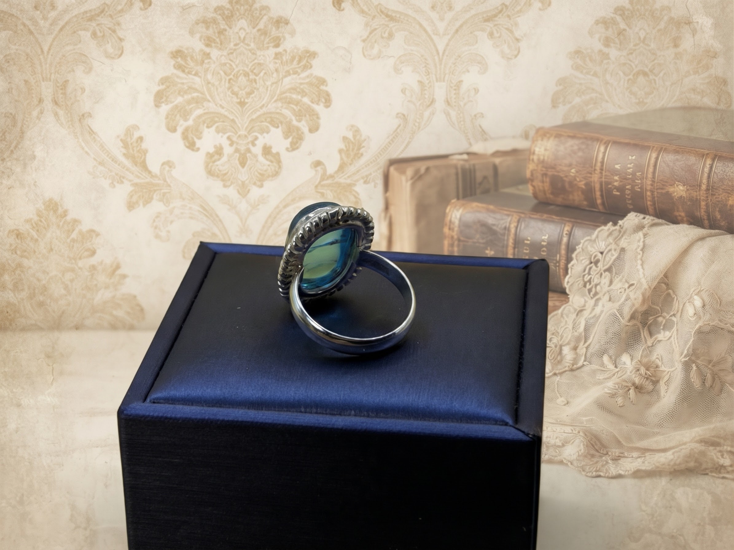RRP £65 Silver 925 Dichroic Glass Blue Statement Ring Size P½ US 8~230