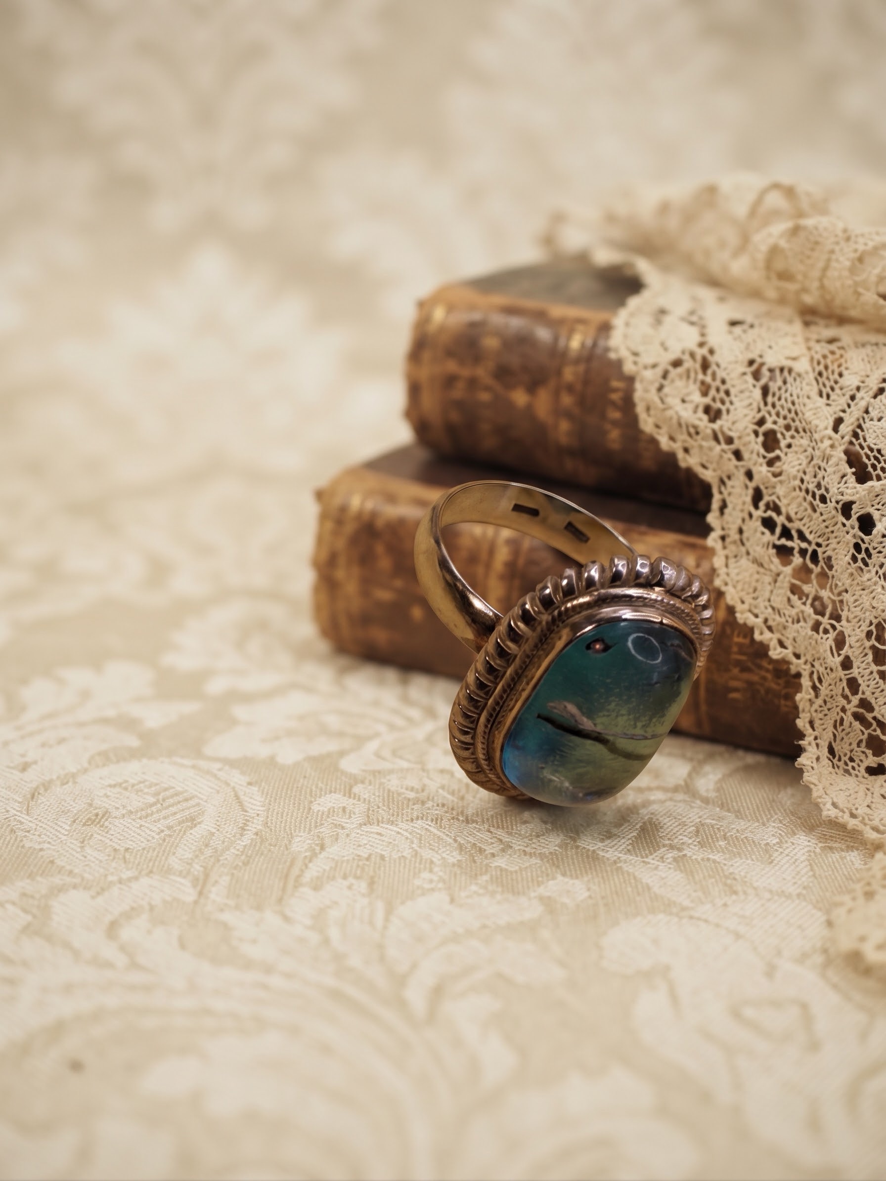 RRP £65 Silver 925 Dichroic Glass Blue Statement Ring Size P½ US 8~230