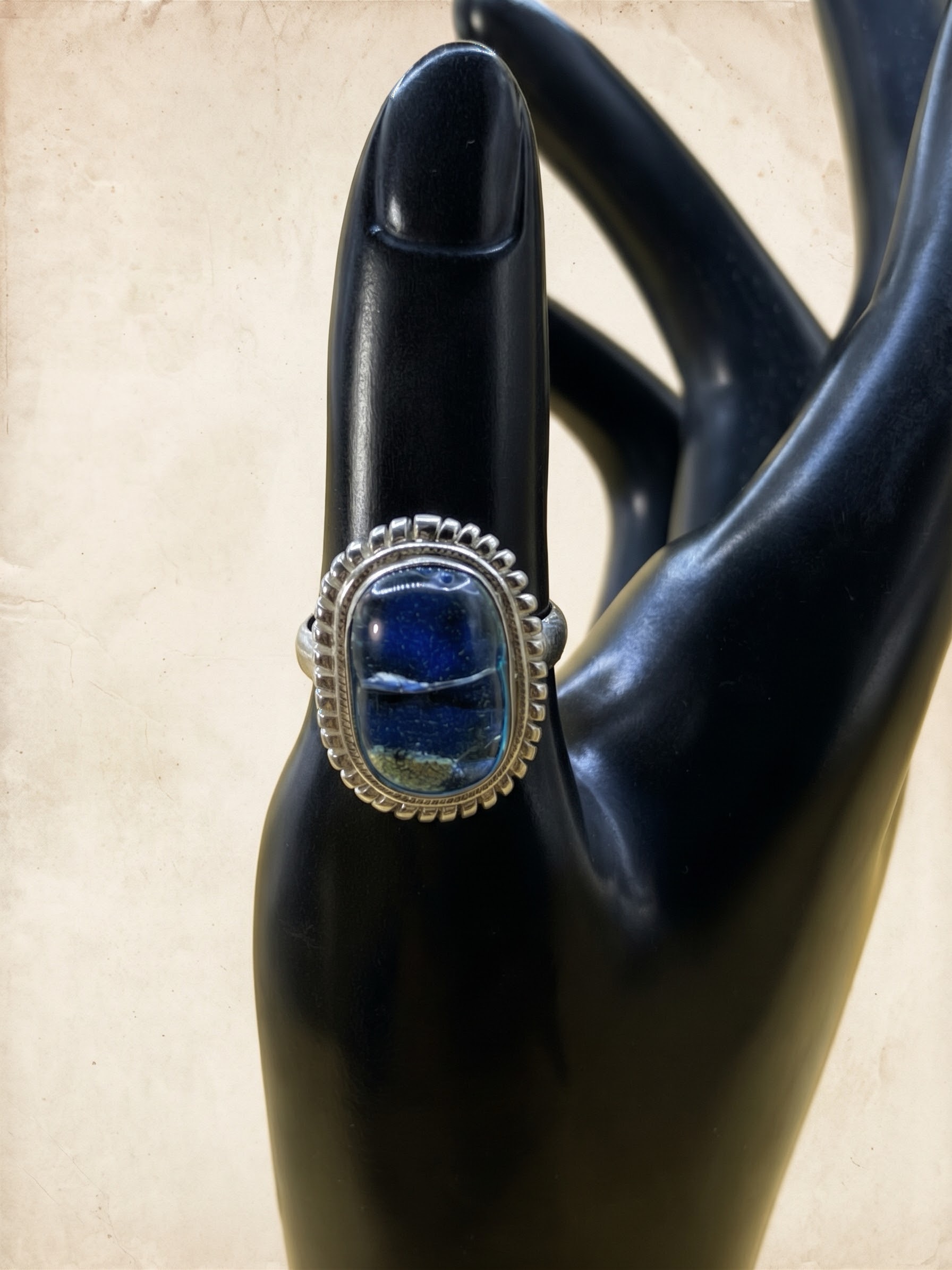 RRP £65 Silver 925 Dichroic Glass Blue Statement Ring Size P½ US 8~230