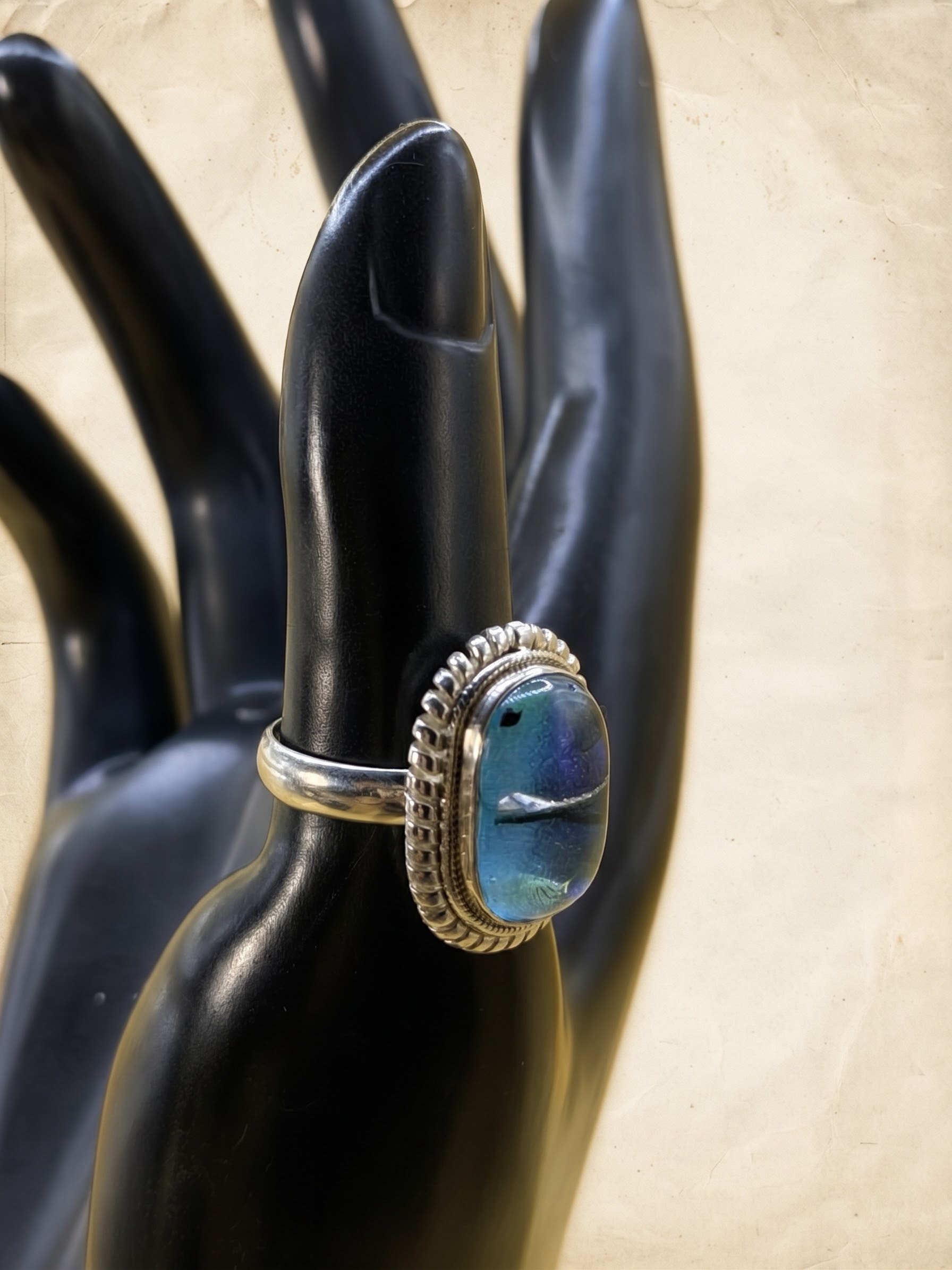 RRP £65 Silver 925 Dichroic Glass Blue Statement Ring Size P½ US 8~230