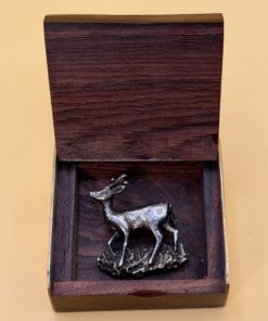 Vintage Roebuck Deer Brooch Silver Tone & Wood Brass Inlay Trinket Box
