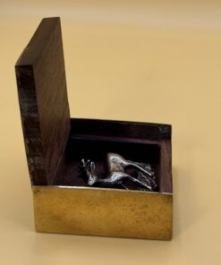 Vintage Roebuck Deer Brooch Silver Tone & Wood Brass Inlay Trinket Box