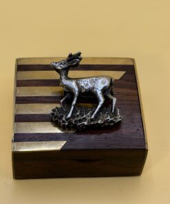 Vintage Roebuck Deer Brooch Silver Tone & Wood Brass Inlay Trinket Box