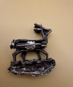 Vintage Roebuck Deer Brooch Silver Tone & Wood Brass Inlay Trinket Box