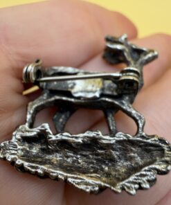 Vintage Roebuck Deer Brooch Silver Tone & Wood Brass Inlay Trinket Box