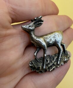 Vintage Roebuck Deer Brooch Silver Tone & Wood Brass Inlay Trinket Box