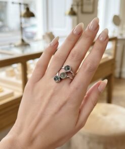Sterling Silver Prehnite Epidote Triple Cabochon Ring Size S