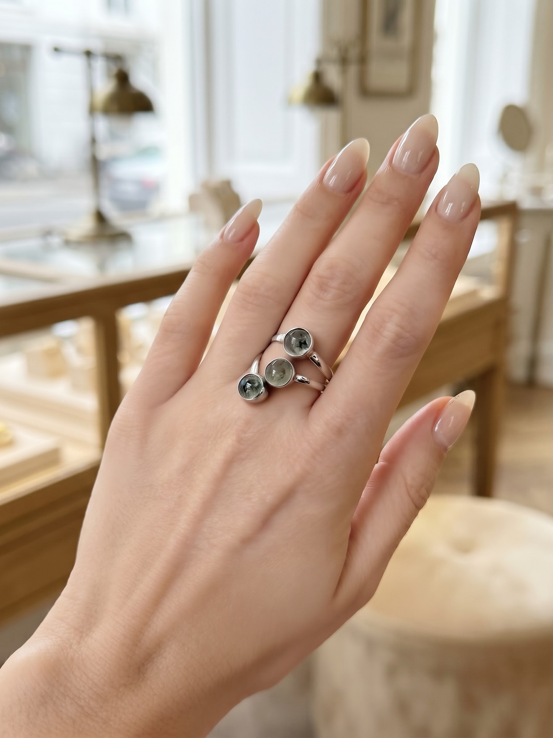 Sterling Silver Prehnite Epidote Triple Cabochon Ring Size S
