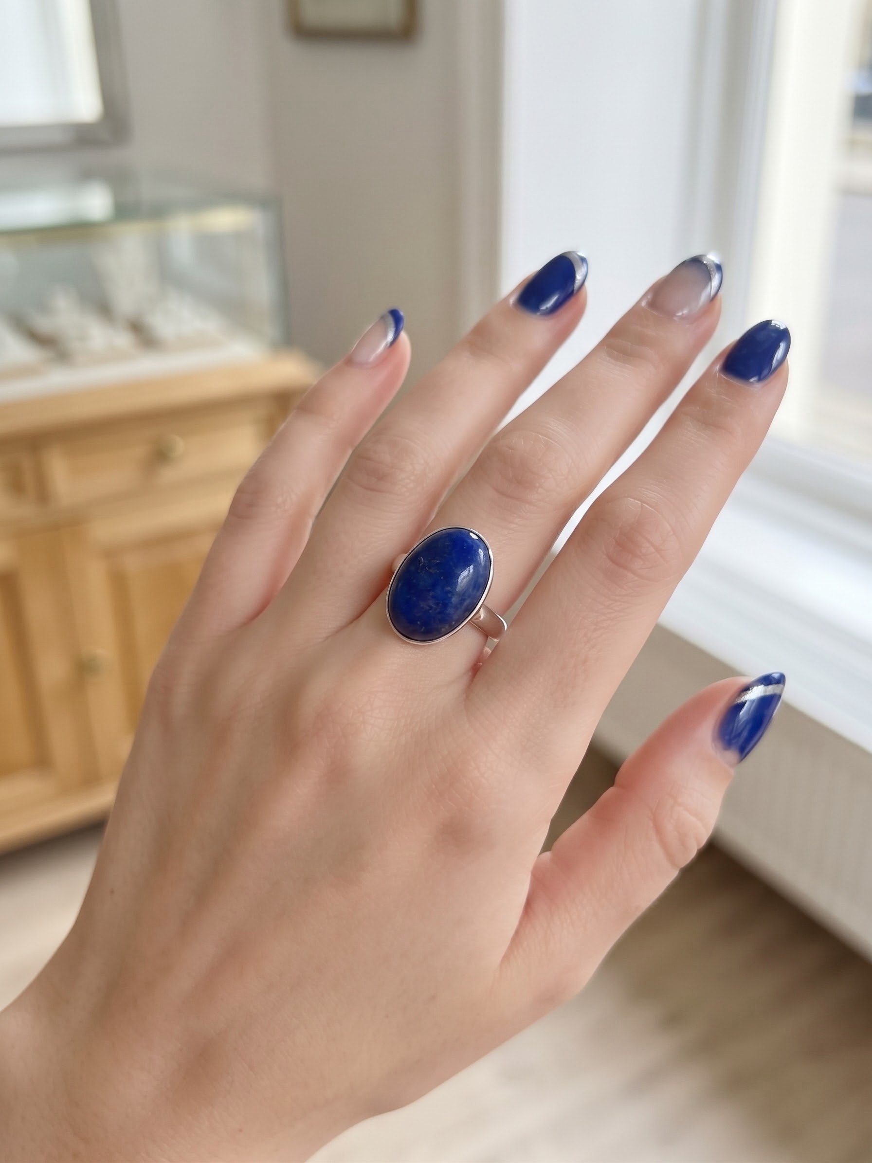 925 Sterling Silver Blue Lapis Lazuli Oval Cabochon Ring Size R ~231